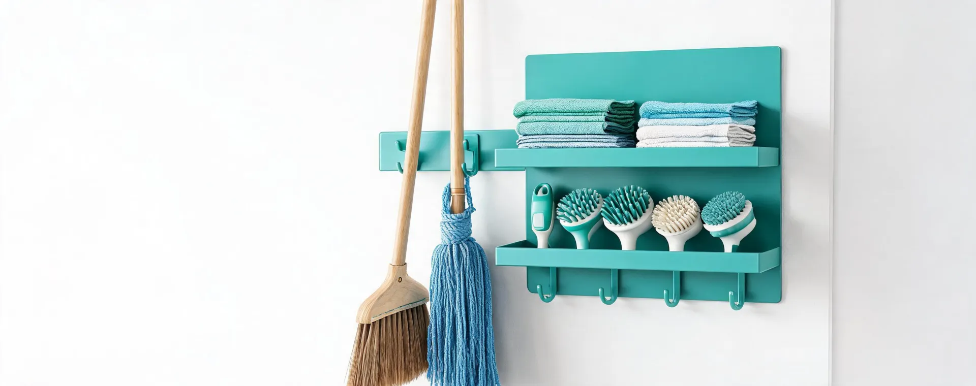 Clean utility corner with mops and brooms